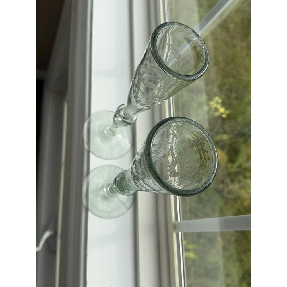 Rios Interiors Hand Blown Etched Champagne Flutes Set of 2 Floral Glass 10” Boho